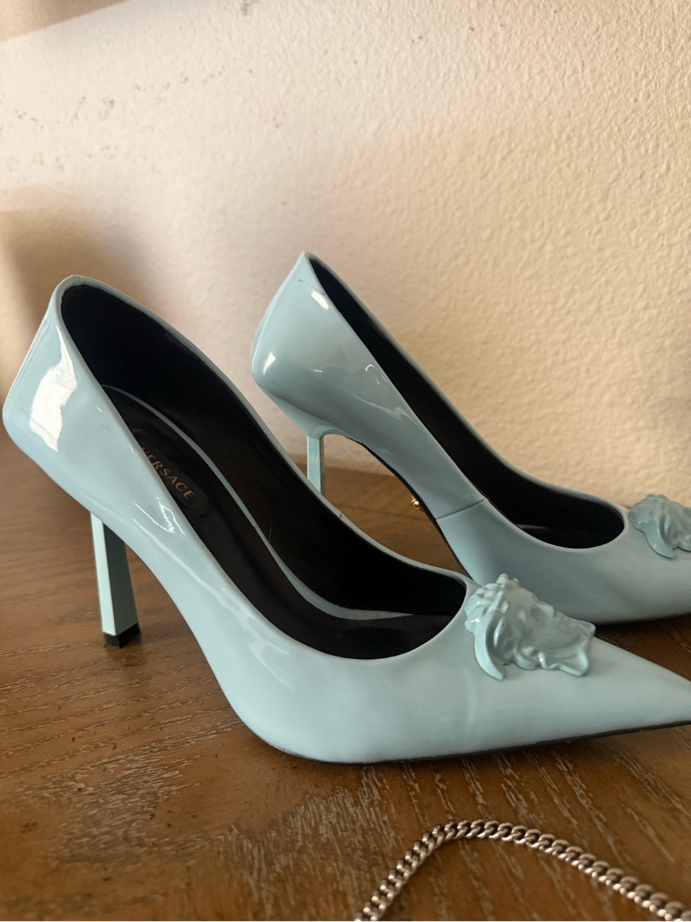 Versace Aqua Blue Medusa-Embellished Pointed-Toe Pumps